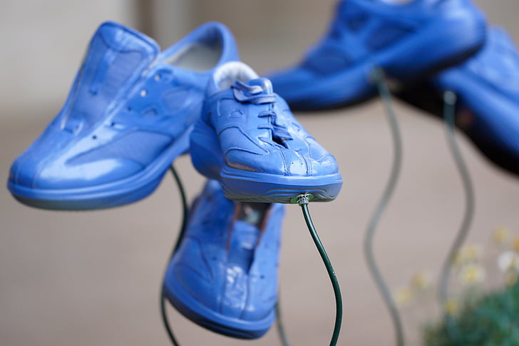 shoes, sports shoes, flower bed, art, blue