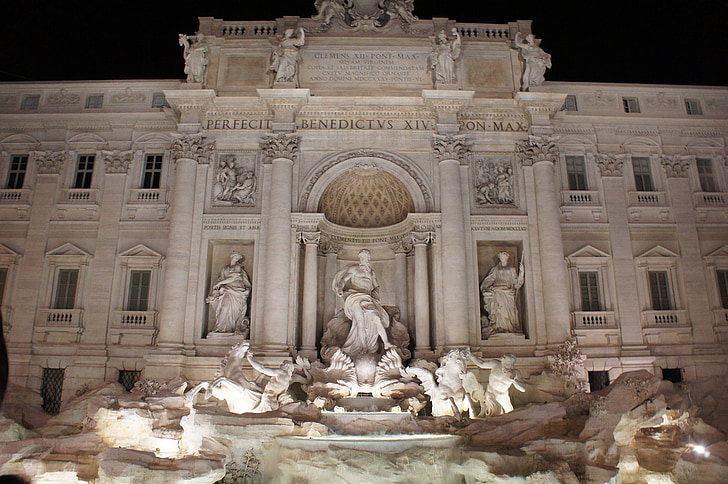 Itálie, zdroj, noční, světlo, voda, Řím, fontána di Trevi