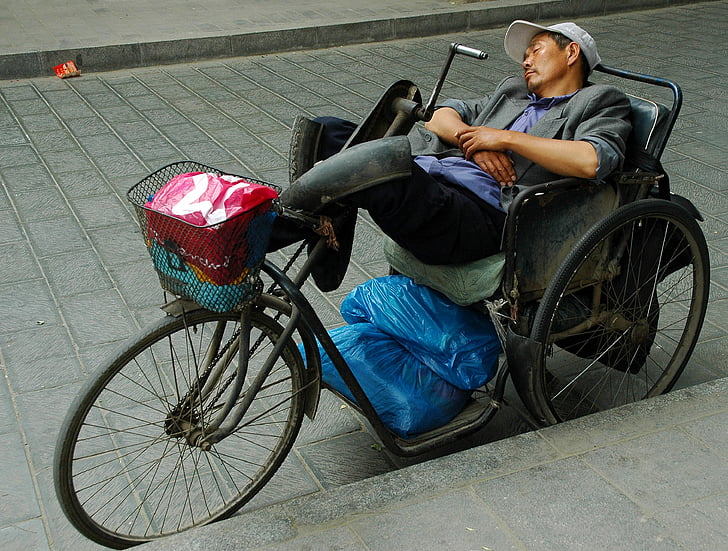man, sleep, china, bike, street, person, wheelchair