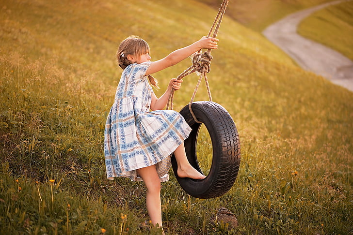 pessoa, humana, criança, menina, jogar, rocha, balanço de pneu