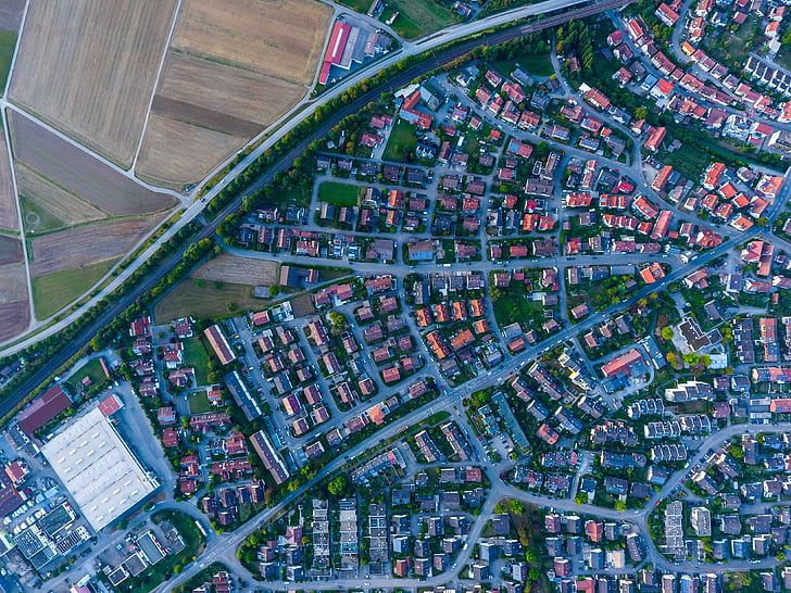 aerial, view, city, houses, village, road, street