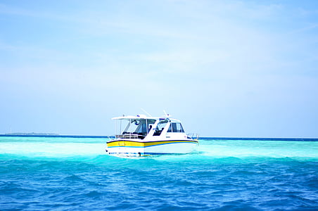 beach, boat, sea, summer, vacation, water, blue