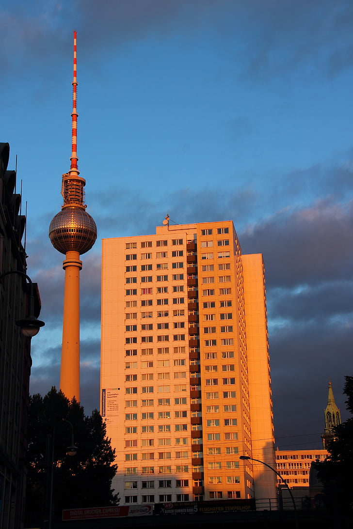 alexanderplatz, berlin, tv tower, places of interest, building, evening, lighting