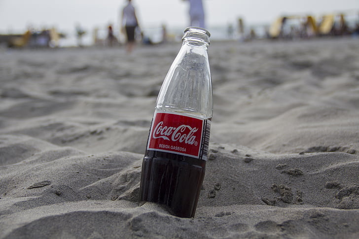 boisson, Coca cola, plage, boisson non alcoolisée, sable, bouteille, vacances