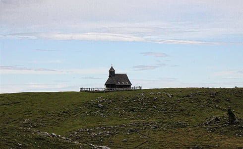 church, cross, chapel, hills, countryside, farm, field