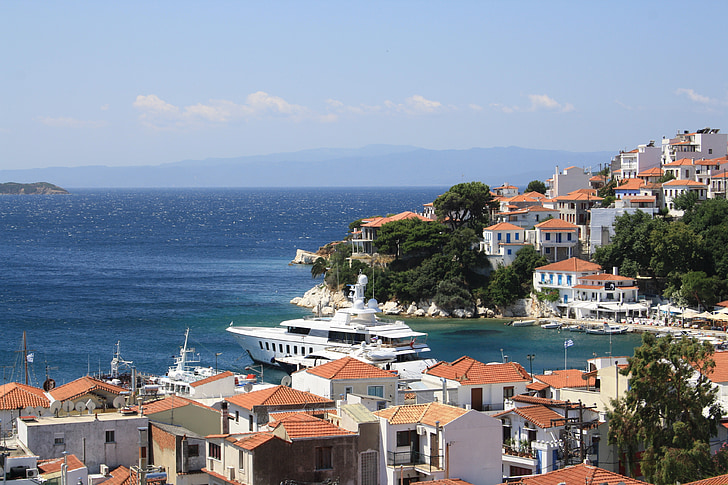 island, skiatos, greece, sea, bay, town, coastline