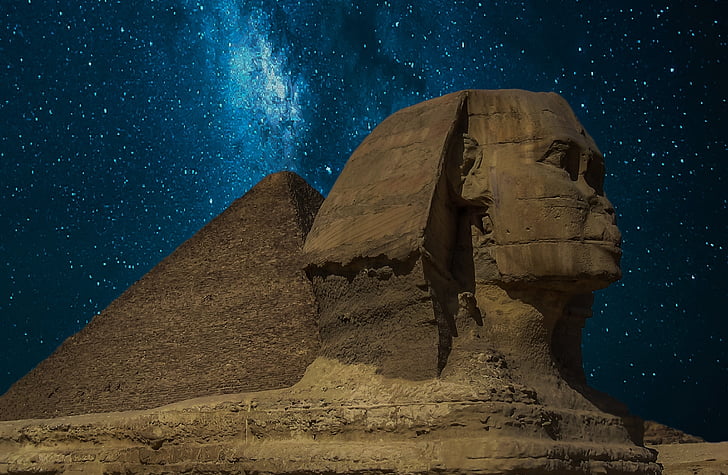Sphinx, Pyramide, Gizeh, Ägypten, Pyramiden von Gizeh, ägyptische Pyramiden, Nachthimmel