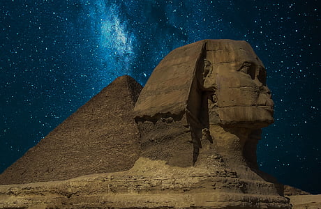 Sphinx, piramide, Giza, Egypte, piramides van Gizeh, Egyptische piramiden, nachtelijke hemel