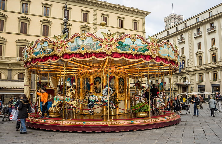 Karuselė, Karuselė, pramogų reikmenys, atrakcionų parkas, Florencija, Italija, Firenze