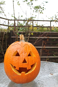 carbassa, talla, Halloween, cara, Jack-o-lantern, somrient, taronja
