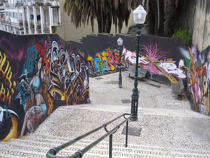 grafiti, iela, māksla, pa kāpnēm, pilsētas, pilsēta, krāsas
