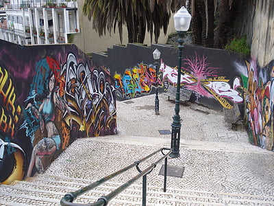 Graffiti, rue, art, escaliers, urbain, ville, couleurs