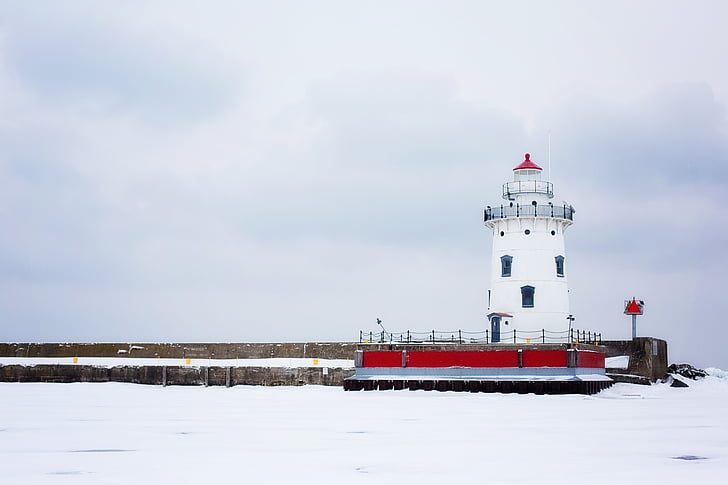 Lighthouse, Michigan, valge, meremiili, talvel, lumine, lumi