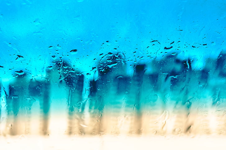 rain, drops, window, rain drops, water drop, blue, water splash
