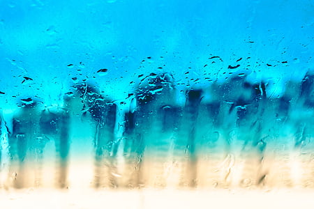 regn, dråber, vindue, regndråber, vanddråbe, blå, vand stænk