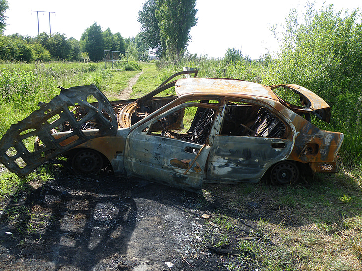 quemado, coche, vandalismo, vehículo, restos del naufragio, automóvil, destrucción