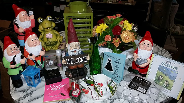 Gnomes, bursdag, gaver, presenterer, ornament, overraskelse, nye