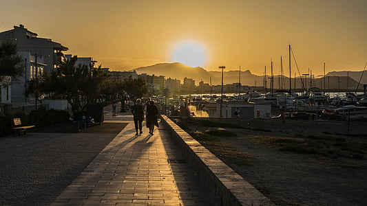 Promenade, Sommer, Sonnenuntergang, Spanien, Mallorca, Hafen, Segelboote