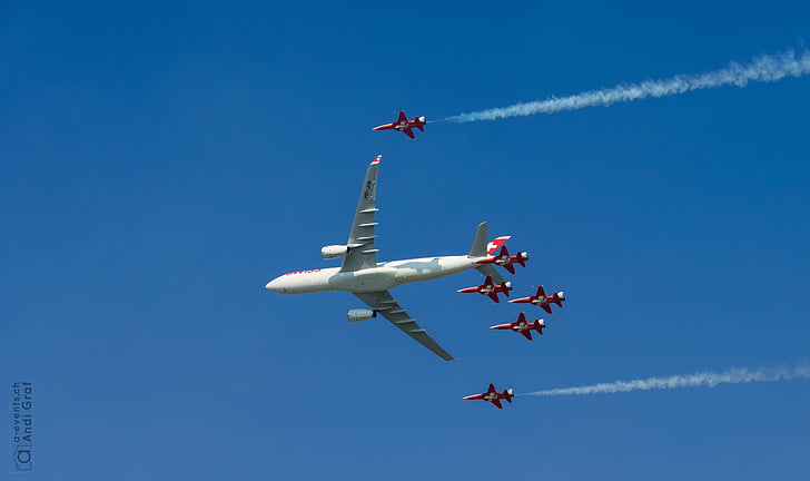 passenger aircraft, fighter jet, flugshow, swiss airline, patrol suisse