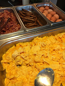 scrambled eggs, bacon, sausage, food, egg, restaurant, buffet