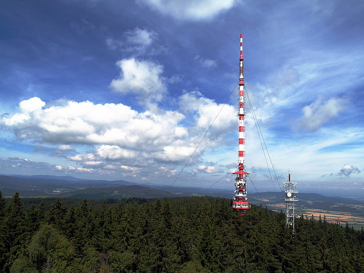 transmitter, tv, travel, modern, kleť hill, czech republic, clouds