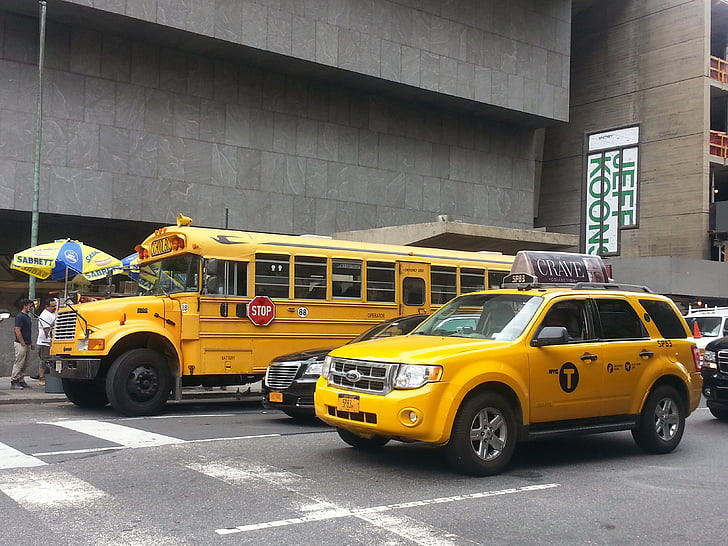 Niujorkas, geltona, taksi, ònibus mokyklos, transportas, New york city, mokyklinis autobusas