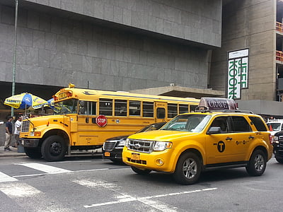 New Yorkissa, keltainen, Taxi, ònibus koulu, kuljetus, New Yorkissa, koulubussi