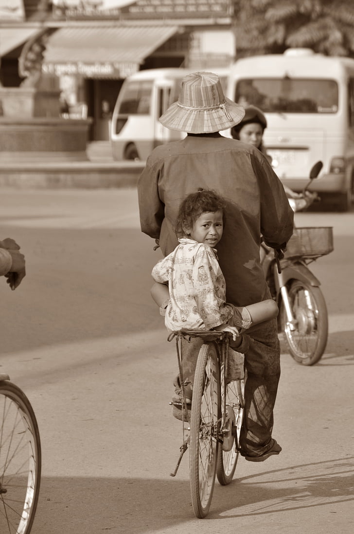 กัมพูชา, สาว, เด็ก, จักรยาน, จักรยาน, คน, การขนส่ง