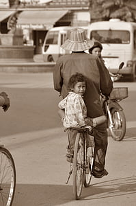 Cambodja, noia, nen, bicicleta, bicicletes, persones, transport