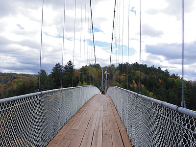 suspension bridge, valley, natural, river, woods, hiking, trekking