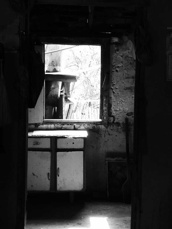 old, home, black and white, window, door, construction, darkness