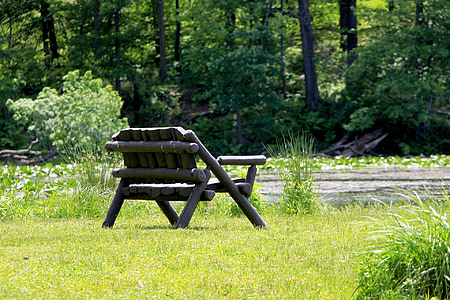 banc, banc en bois, au bord du lac, siège, se détendre, paisible, calme