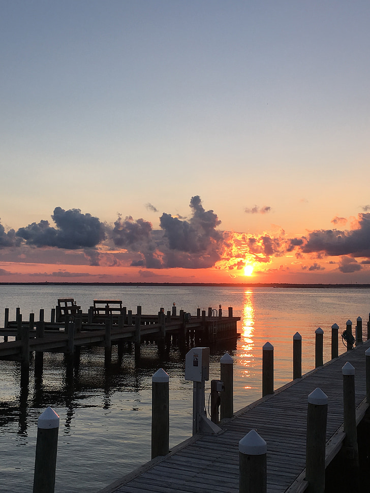 solnedgang, Dock, Bay, vann, himmelen, Pier, skumring