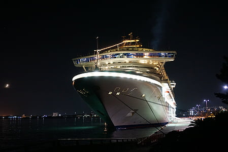 crucero, de la nave, noche, vista de noche
