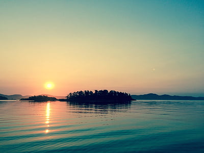 sziget, naplemente, tó, víz, sima, üveges, nyugodt