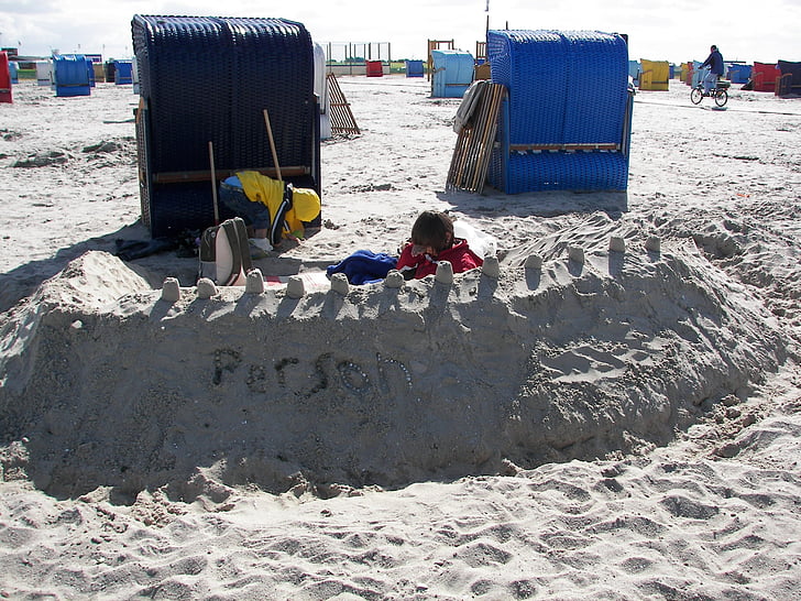 stranden, barn, spill, sandburg, sand, ferie, strand stol