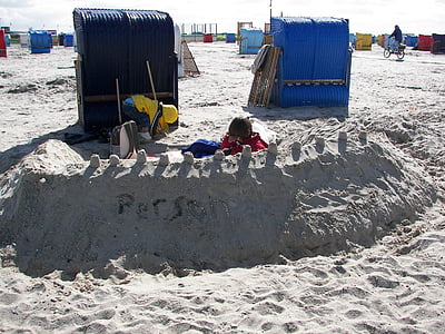 strand, kinderen, spelen, Sandburg, zand, vakantie, strandstoel