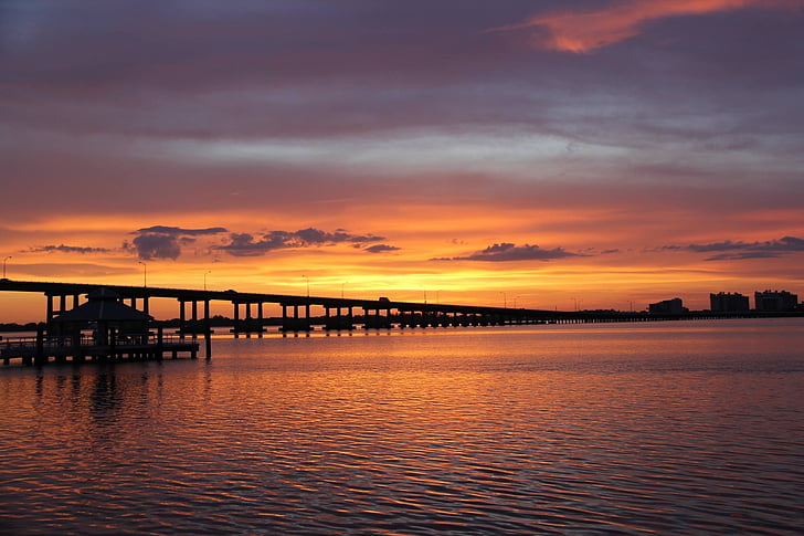 Západ slunce, Florida, řeka, Most, caloosahatchee, oranžová, zlatý