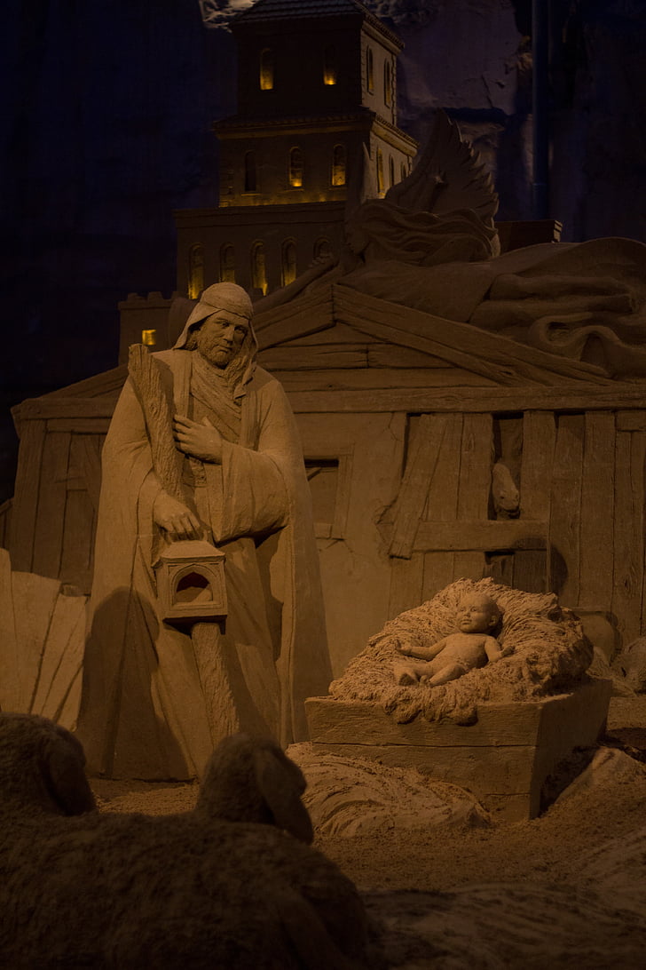 sand, sand sculpture, jesus, manger, christmas, nativity scene, valkenburg