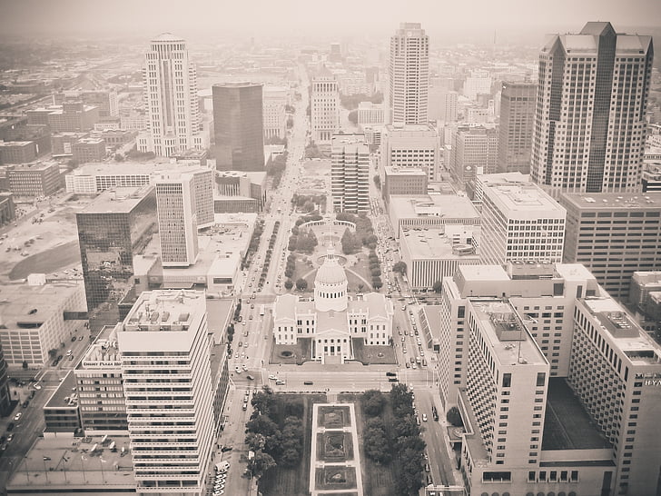 aerial, gray, scale, photo, high, rise, buildings