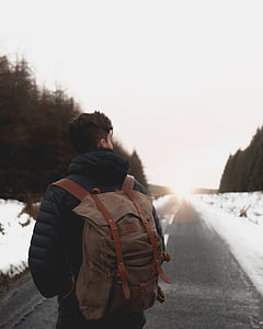 man, wearing, bubble, jacket, brown, backpack, photography