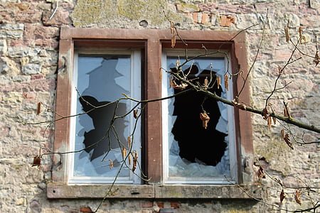 ウィンドウ, 古い, 古い窓, ガラス, 石積み, ファサード, 窓からす