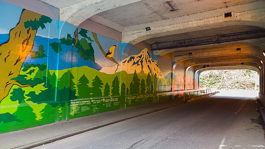 터널, 벽 그림, 시애틀, 도시, 거리, 그림, 벽