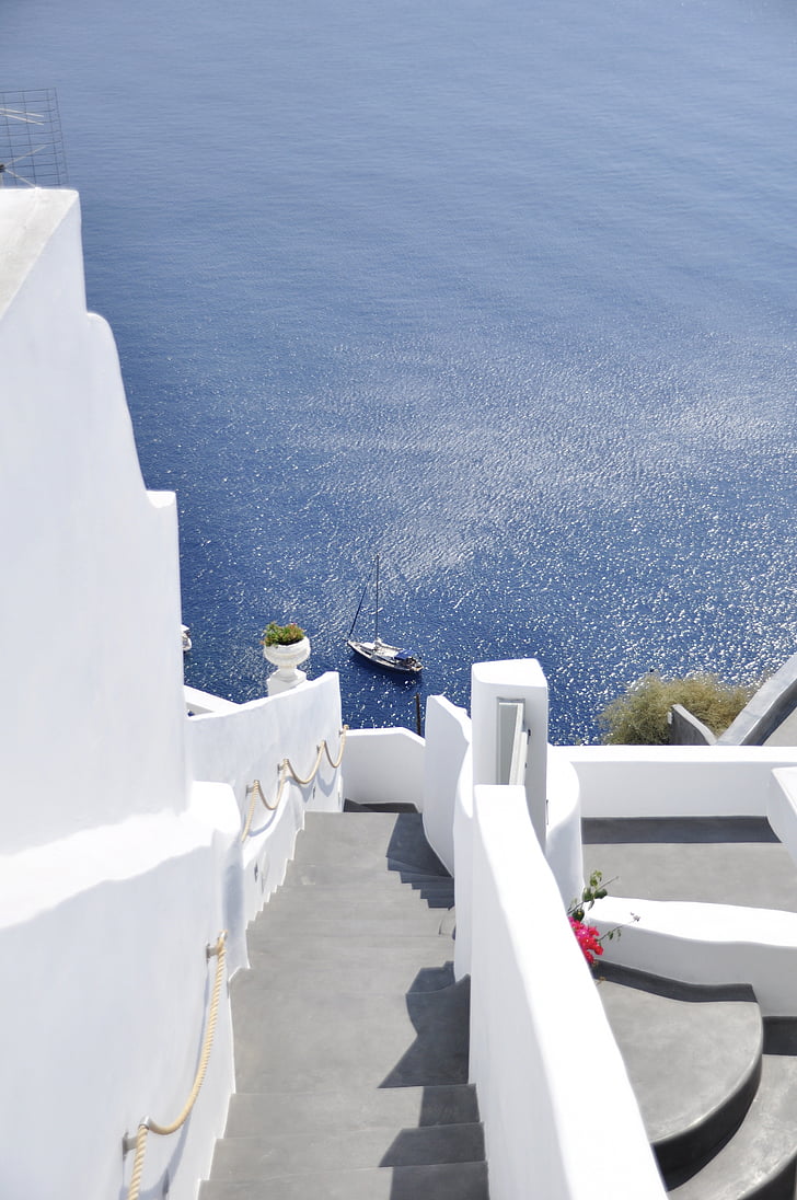 langkah-langkah air laut, Yunani, Santorini, perahu, laut, Mediterania