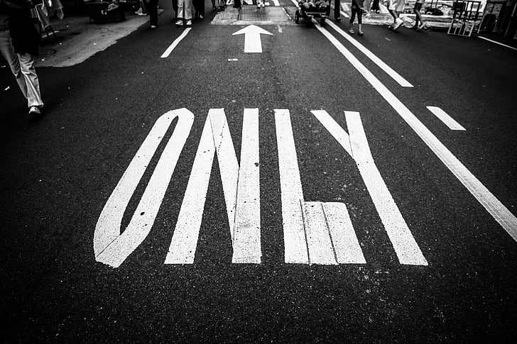 black white, only, pavement, street, road marking, city, city life