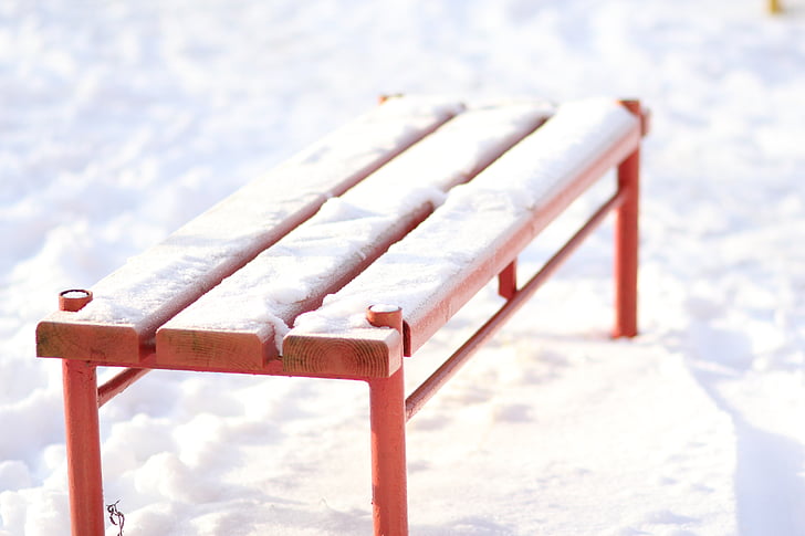 bench, red, winter, snow, winter morning