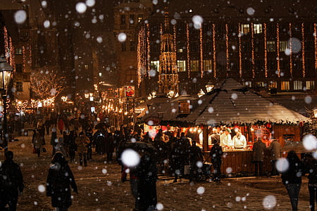 Kerstmarkt, sneeuw, winter, Kerst, Neurenberg, sneeuwvlokken, Kerst buden