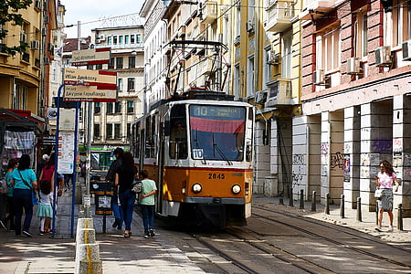 Sofia, Bulgarien, spårvagn, kontaktledningen, tåg, översta raderna, teknik