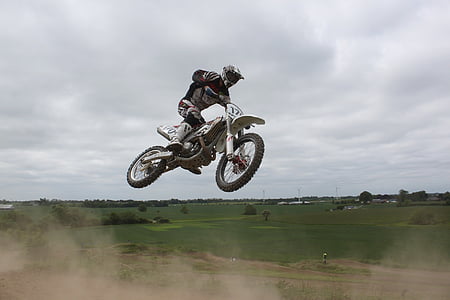 person, riding, white, dirt, motorcycle, mid, air