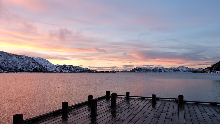 Zmierzch, zimowe, krajobraz, Jezioro, Lauklines kystferie, Widok, Tromso